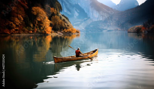 Photo Person rowing on a calm lake in autumn, small boat with serene water around