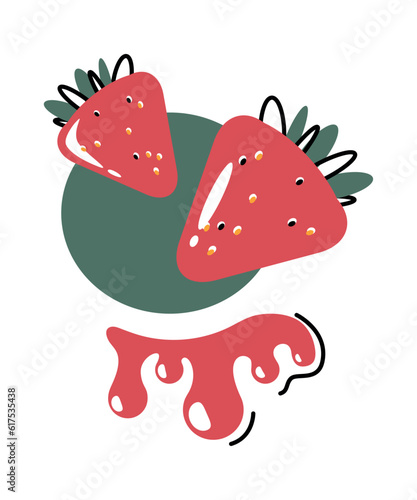 Sweet, juicy berry for healthy breakfasts. Filler for ice cream, yogurt. Strawberries in flat outline style. Natural fresh juice. Design element for labels, stickers. Drops of jam. Seasonal summer ber