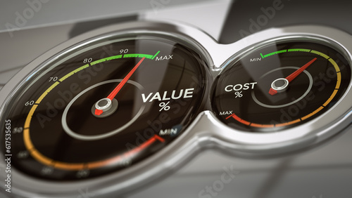 Conceptual 3D illustration of two dials with needles pointing high value and low cost, horizontal image. Concept of business analysis