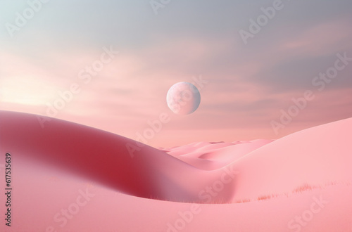 Illustration of Abstract creative scene of pastel pink desert  moon and sky. Romantic scene for Valentine s Day. Beautiful landscape. Generative AI.