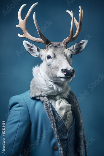 Portrait of reindeer in blue suit standing and posing as a human being. Christmas scene with wild animal. Abstract winter idea. Generative AI.