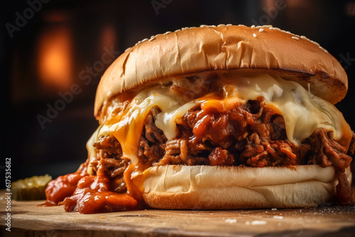 Delicious sloppy Joe ground beef burger with melting cheese and tomato sauce on wooden board. American cuisine fast food concept photo