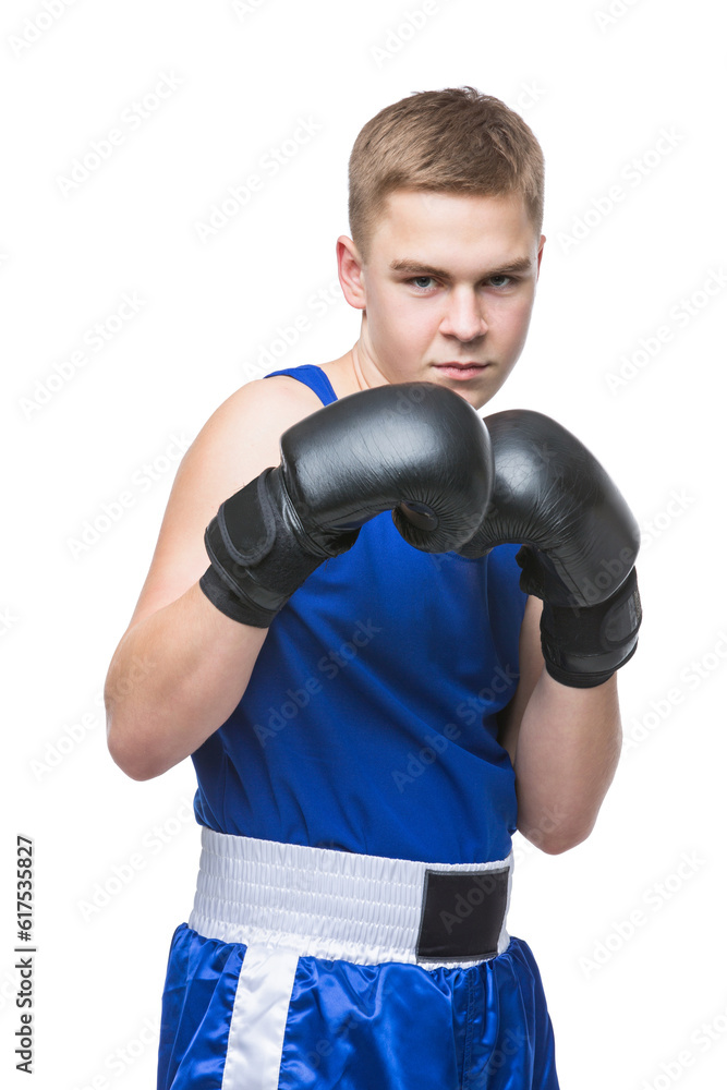 Young handsome boxer sportsman in blue boxer suit and black gloves standing on white backgound. Isolated. Copy space. Young handsome boxer sportsman in blue boxer suit and black gloves standing on white backgound. Isolated. Copy space.