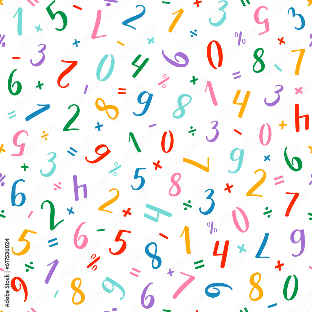 Numeral vector seamless pattern. Handwritten lettering modern brush calligraphy. Hand-drawn figures 1, 2, 3, 4, 5, 6, 7, 8, 9, 0 and mathematical symbols. Multicolor with thick and thin lines. Numeral vector seamless pattern. Handwritten lettering modern brush calligraphy. Hand-drawn figures 1, 2, 3, 4, 5, 6, 7, 8, 9, 0 and mathematical symbols. Multicolor with thick and thin lines.