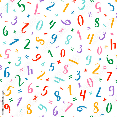Numeral vector seamless pattern. Handwritten lettering modern brush calligraphy. Hand-drawn figures 1, 2, 3, 4, 5, 6, 7, 8, 9, 0 and mathematical symbols. Multicolor with thick and thin lines.