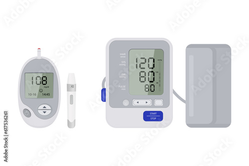 Vector illustration of a glucometer, a tonometer for analyzing blood sugar,  and measuring pressure. Medical equipment