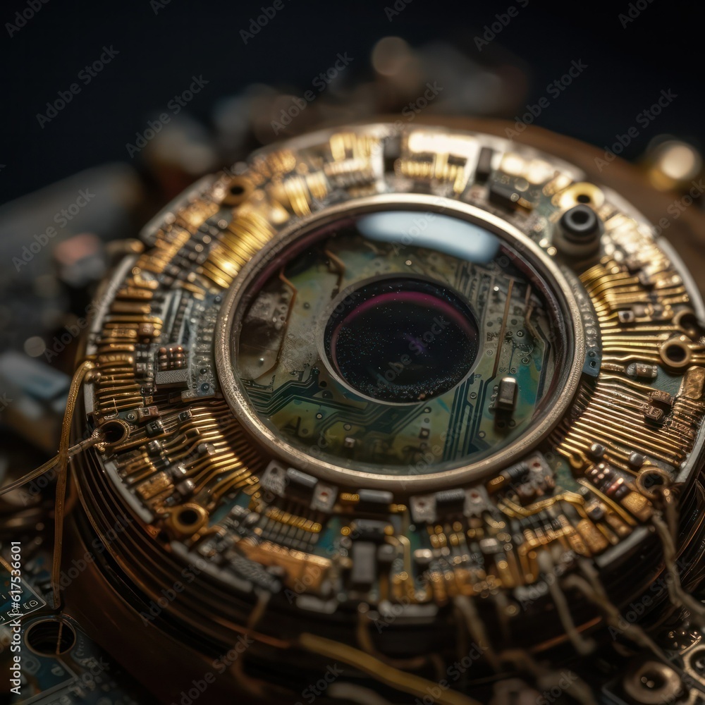 microchip in the pupil of the eye, artificial intelligence, electronic eye concept, global surveillance technologies, security of computer systems and networks. Generative AI microchip in the pupil of the eye, artificial intelligence, electronic eye concept, global surveillance technologies, security of computer systems and networks. Generative AI