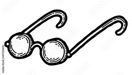 Vintage glasses. Old antique frame, ancient history round pattern, retro engraved specs, vision. Vector design drawing 