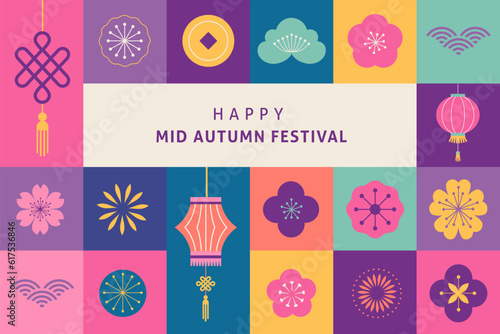 Korean Mid Autumn Festival - Chuseok. Mooncakes, lanterns and flowers, flat geometric style background and poster
