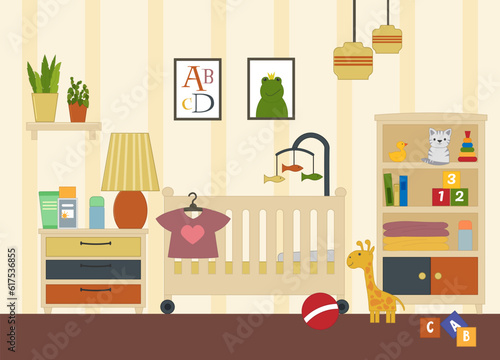 The interior of the children room. Modern furniture design for girls. Vector illustration. For use on covers, flyers, flyers, social media and furniture stores.
