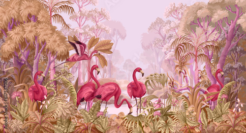 Flamingos in the tropical forest. Vector.