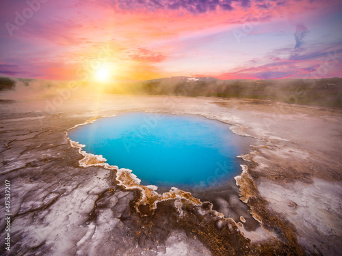 Incredibly blue pool Blahver at Hveravellir is actually a hot geothermal spring in the heart of Iceland. Photo taken around midnight sunset