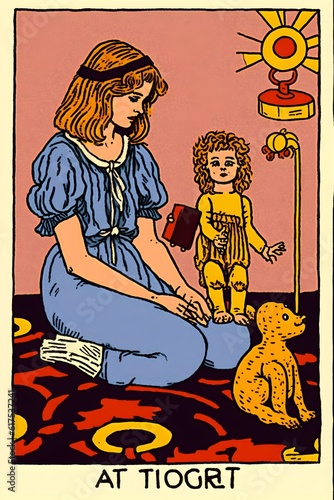 tarot card for nostalgia1980s woman sits on floor with little girl with toys board game simple ink lines with color stuffed animal dolls ball toys atari 2600 fern rug glow happy childhood 