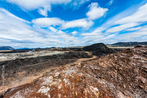Inhospitable dramatic volcanic landscape at Krafla geothermal area, Iceland