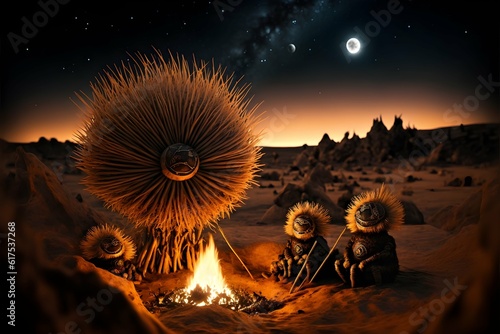 tribal hairy extraterrestrial urchins are sitting around a fire metal grass extraterrestrial landscape on an exoplanet nikon canon EOS1D X Mark III  photo