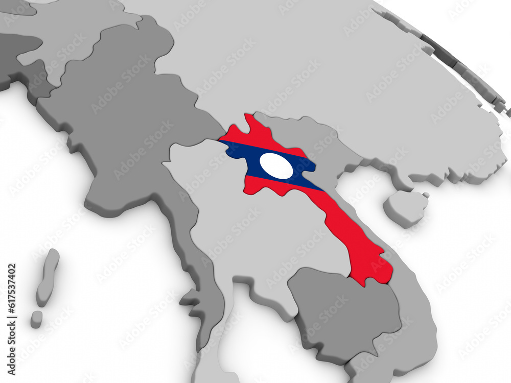 Map of Laos with embedded national flag. 3D illustration Map of Laos with embedded national flag. 3D illustration