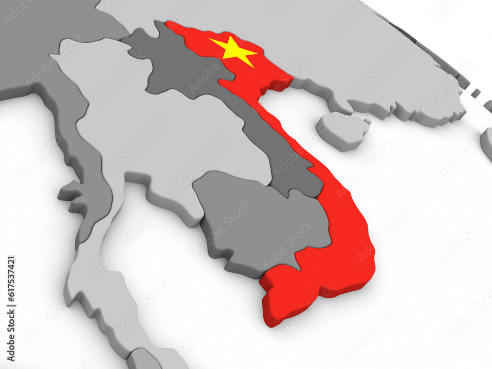Map of Vietnam with embedded national flag. 3D illustration Map of Vietnam with embedded national flag. 3D illustration