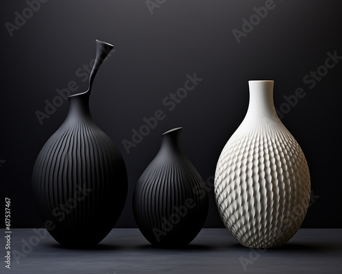 Elegant black and white ceramics on a table against a dark background. Generative AI.