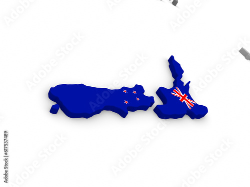 Map of New Zealand with embedded national flag. 3D illustration