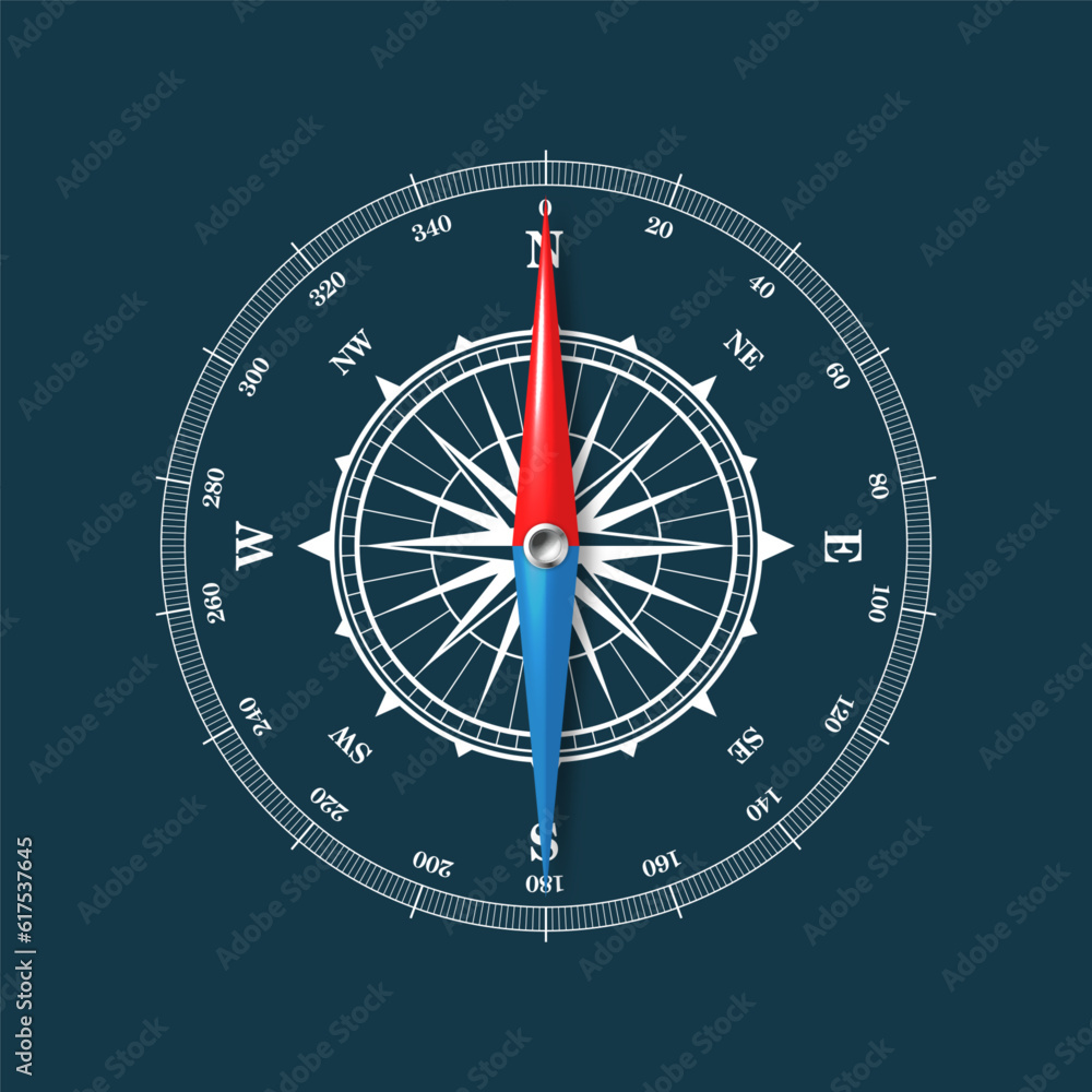 Marine compass, nautical wind rose with cardinal directions of North, East, South, West and degree markings. Geographical position and orientation, cartography and navigation. Vector illustration Marine compass, nautical wind rose with cardinal directions of North, East, South, West and degree markings. Geographical position and orientation, cartography and navigation. Vector illustration