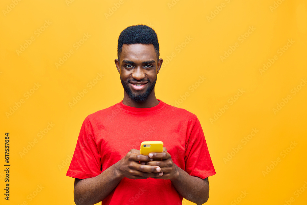 man mobile business phone technology yellow copy background young happy black space african man mobile business phone technology yellow copy background young happy black space african