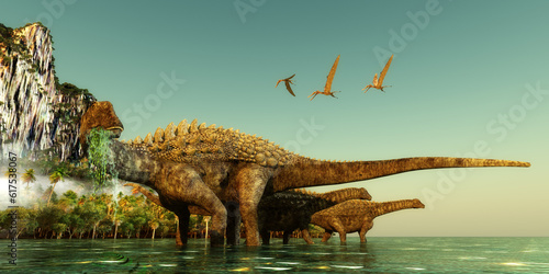 Ampelosaurus dinosaurs wade out into the water to eat underwater vegetation in the Cretaceous Period.