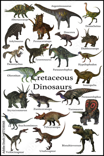 Fototapeta Naklejka Na Ścianę i Meble -  A collection of various dinosaurs that lived around the world during the Cretaceous Period.
