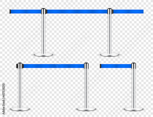 Realistic blue retractable belt stanchion. Crowd control barrier posts with caution strap. Queue lines. Restriction border and danger tape. Attention, warning sign. Vector illustration