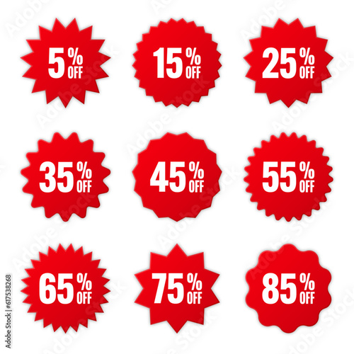 Price tags collection, special offer or shopping discount label with percent, discount percentage value. Red retail paper sticker. Promotional sale badge. Vector illustration