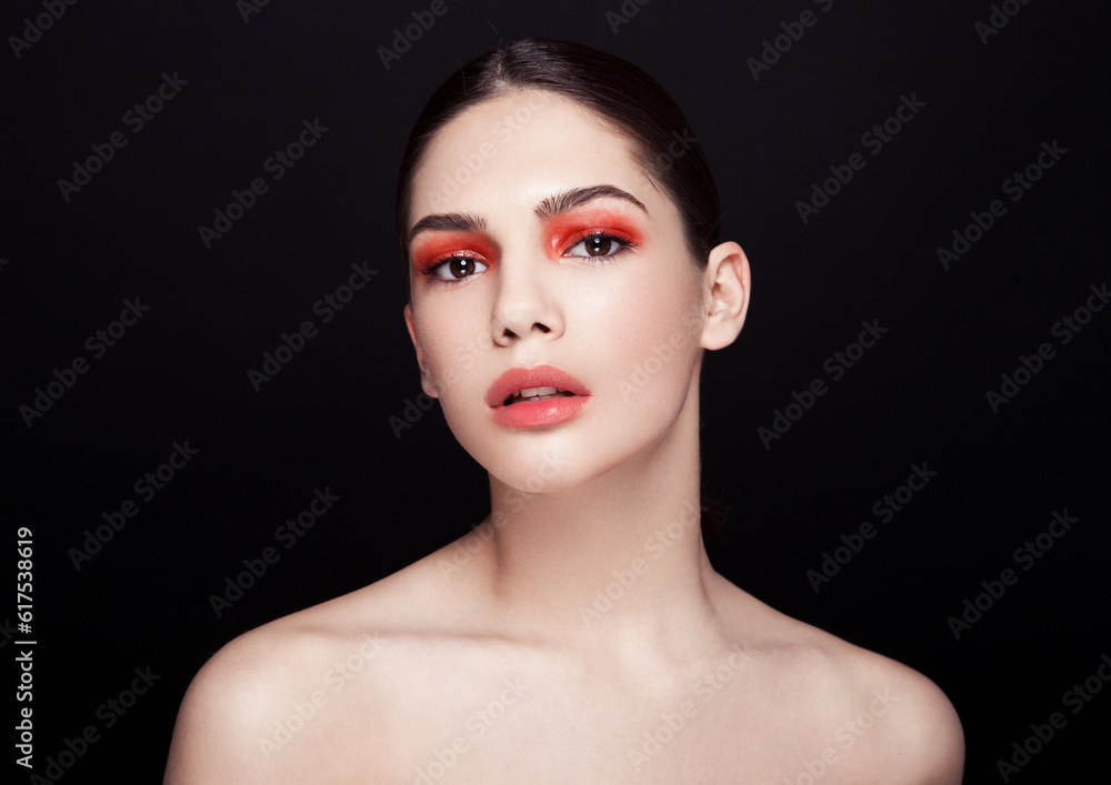 Beauty red eyes and lips makeup fashion model on black background Beauty red eyes and lips makeup fashion model on black background