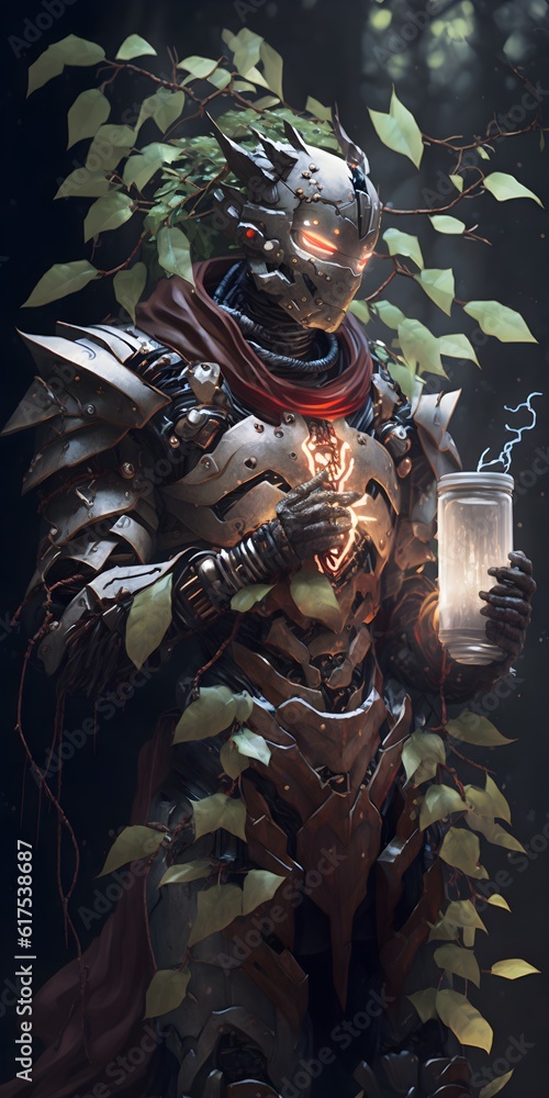 Hyperrealistic character design features epic cinematic lightning and volumetric lighting portraying an Ancient Greek Druid in futuristic space suit and boots holding a marginalia glass jar with 