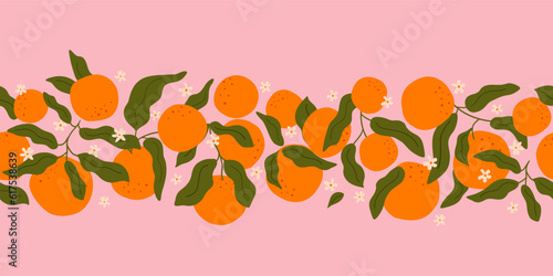 Orange fruit seamless border with curve botanical leaves. Repeat tropical summer fruit on pink background. Citrus horizontal long banner. Hand drawn vector print. Exotic fresh fruits.
