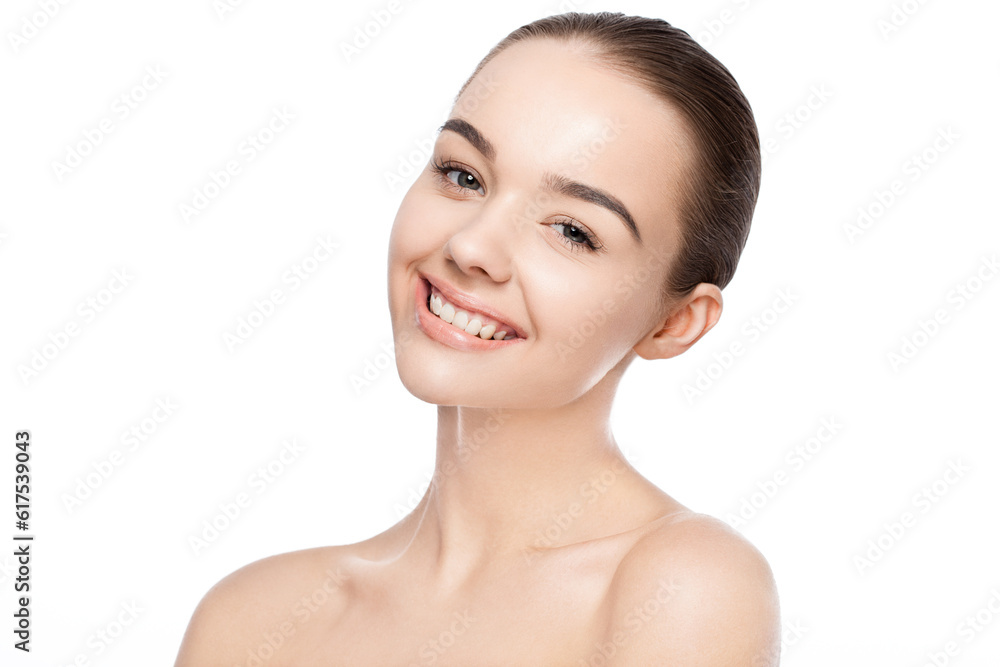 Beautiful woman with cute smile natural makeup spa skin care portrait on white background Beautiful woman with cute smile natural makeup spa skin care portrait on white background