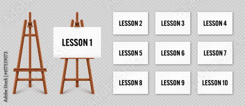 Realistic paint desk with text on white canvas. Wooden easel and a sheet of drawing paper. Presentation board on a tripod. Online studying, e-learning and education, web tutorial. Vector illustration