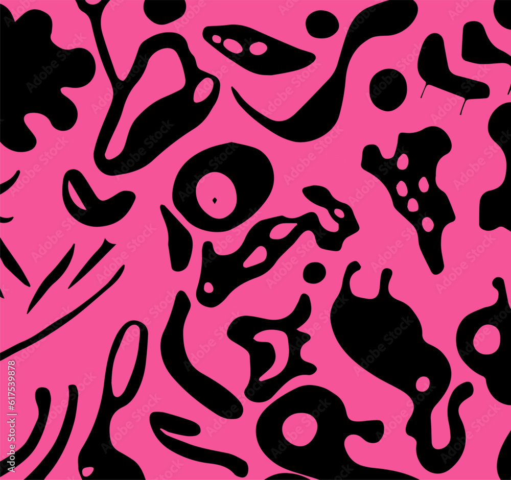 Abstract psychedelic black and pink backround with blobs in retro hippie style. Abstract psychedelic black and pink backround with blobs in retro hippie style.