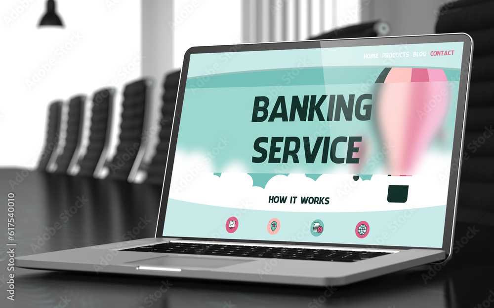 Banking Service Concept. Closeup of Landing Page on Mobile Computer Screen in Modern Meeting Room. Toned Image. Selective Focus. 3D Render. Banking Service Concept. Closeup of Landing Page on Mobile Computer Screen in Modern Meeting Room. Toned Image. Selective Focus. 3D Render.