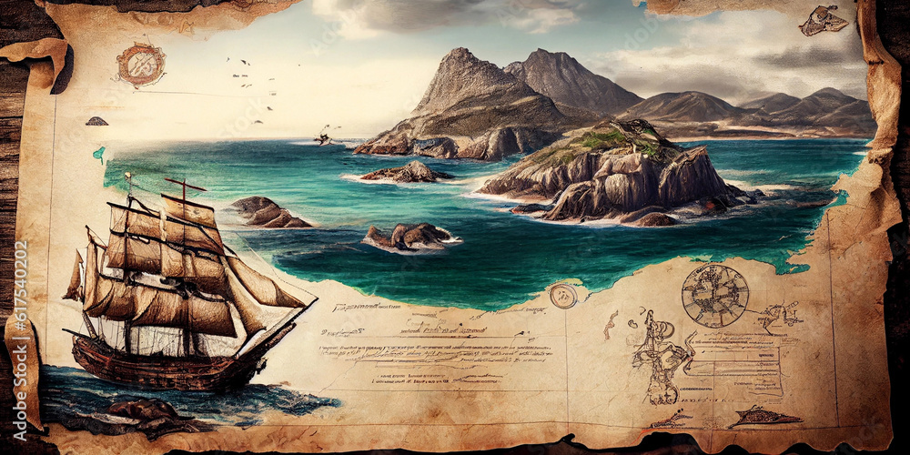 Fototapeta premium Image of an old paper pirate map. Generative AI