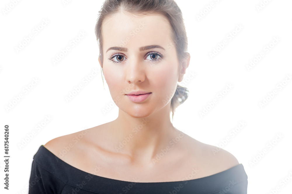portrait of young woman with long dark hair isolated on white portrait of young woman with long dark hair isolated on white