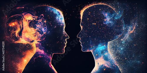 Space starry silhouette of a young man and woman who stand in an embrace and look into each other's faces, close-up and profile view. Generative AI