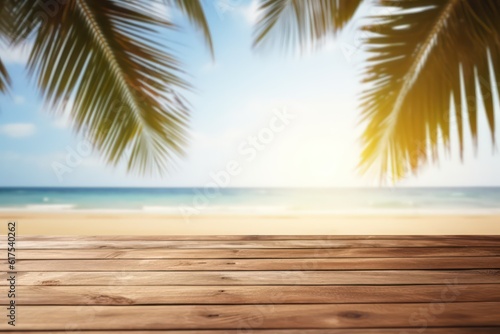 Empty wooden pier, table, and desk background over a blurred tropical beach coastal landscape with palm trees, cloudy sky, and bright blue, turquoise sea water. Background concept.