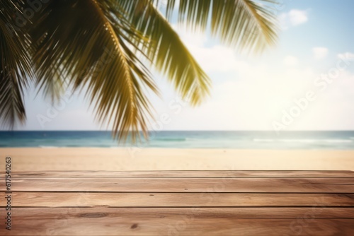 Empty wooden pier  table  and desk background over a blurred tropical beach coastal landscape with palm trees  cloudy sky  and bright blue  turquoise sea water. Background concept.