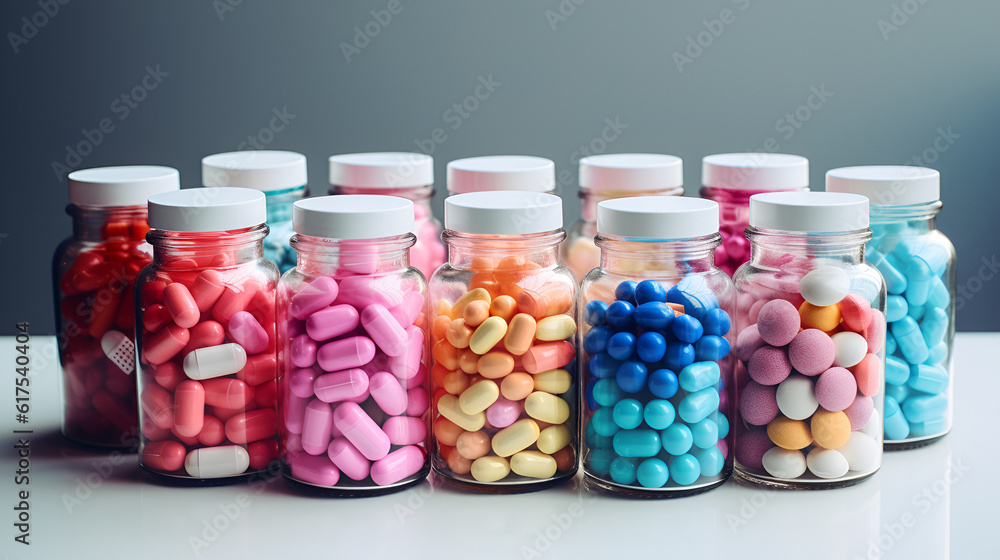 Colorful supplement pills in jar, ai generative Colorful supplement pills in jar, ai generative