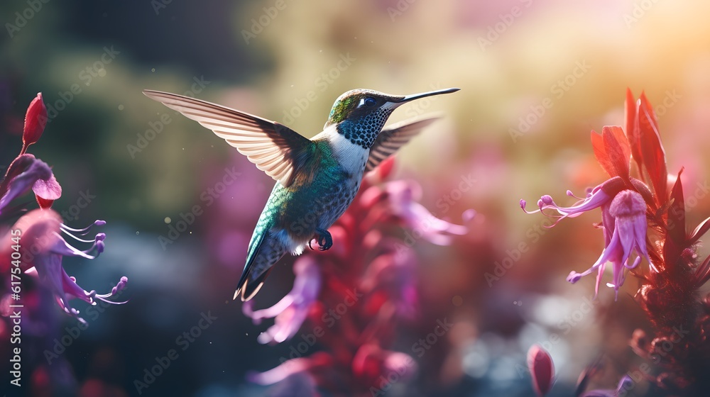 Naklejka premium Beautiful flying hummingbird cinematic photography