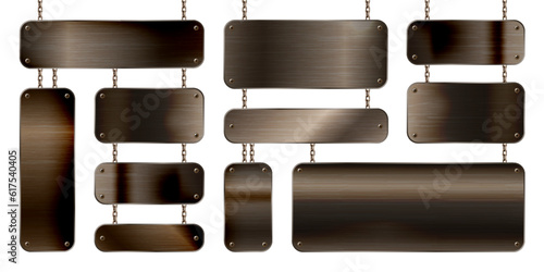 Metal banners hanging on a chain. Realistic shiny steel plate with screws. Polished rusty metal surface. Vector illustration