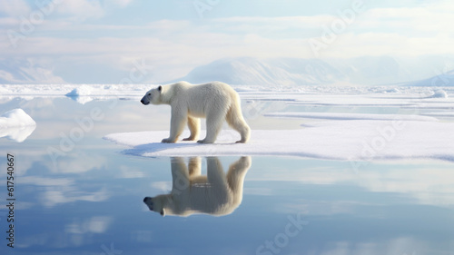 Polar bear in search of food. Suffering from climate change, lack of ice and global warming. Banner. Copy space photo