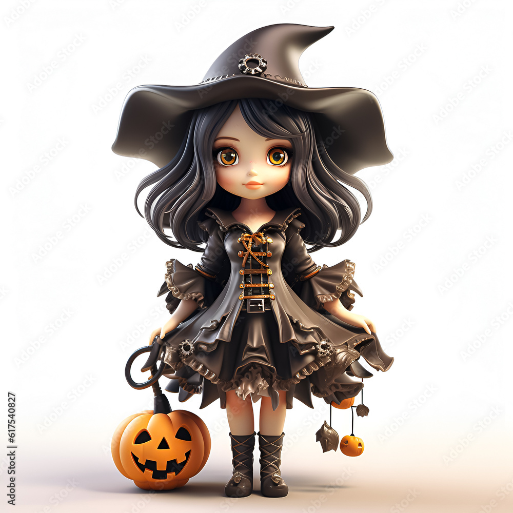 Halloween witch with pumpkin on the white background. Illustration. Ai generation.