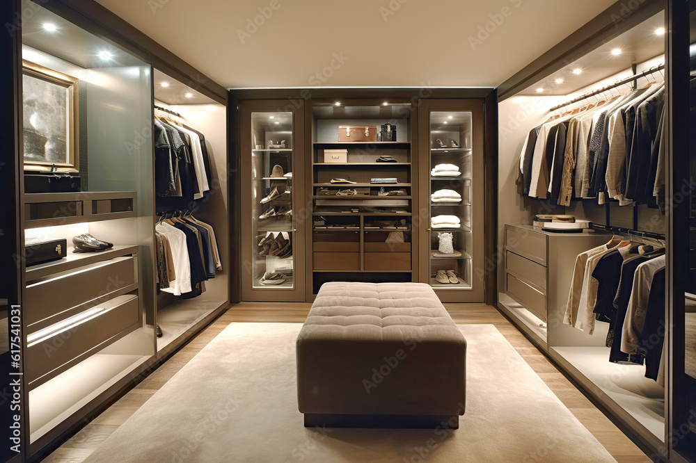 Modern dark wooden walk in wardrobe with clothes hanging on rods ...