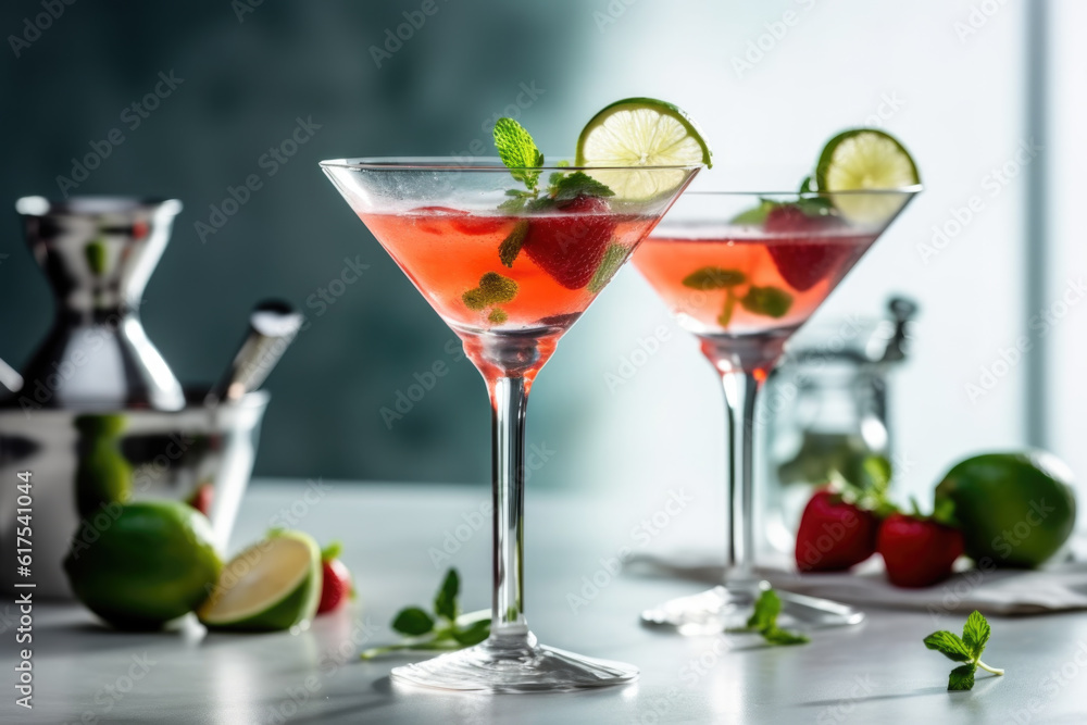  Strawberry cocktail with lime and mint on bright grey background