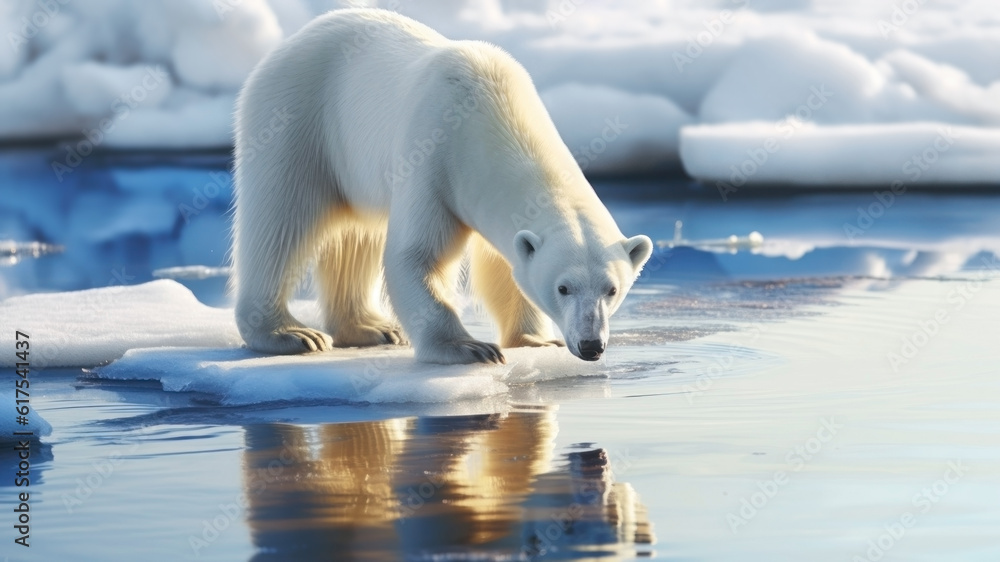 Polar bear scavenging for nourishment amid the deteriorating Arctic ice. The impact of climate change and global warming on their survival. Banner. Copy space Polar bear scavenging for nourishment amid the deteriorating Arctic ice. The impact of climate change and global warming on their survival. Banner. Copy space