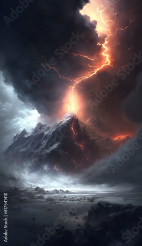 A volcano explosion spewing molten lava over snowcovered mountains thunderous storm clouds above inner illumated by lightning an epic fantasy scene cinematic lighting moody vibrant 
